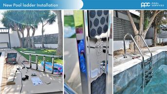 Installation of a four step stainless steel swimming pool ladder.