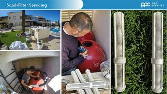 The process of sand replacement on a swimming pool sand filter.