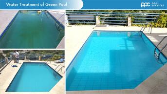Chemical treatment of green swimming pool.