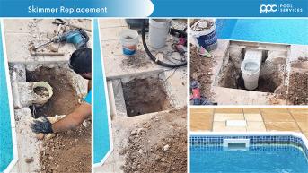 Different stages of skimmer replacement on a specific swimming pool.