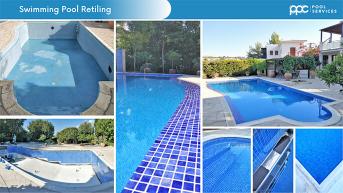 Refurbishment of a 4x8 swimming pool in Aphrodite Hills, Paphos. The pool was fitted with brand new two tone glass mosaics